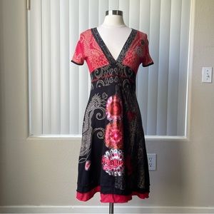 Size: S/M  Desigual Tibet Red Black Fit & Flare Embroidered V-Neck Dress